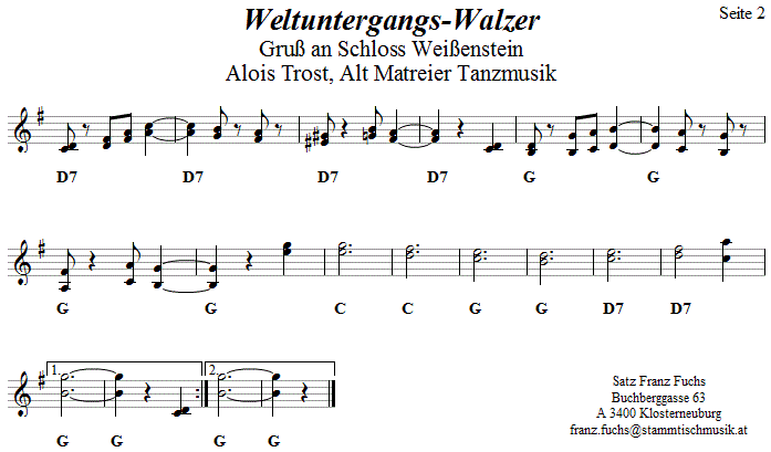 Weltuntergang, Gruß an Schloss Weißenstein, Seite 2 in zweistimmigen Noten. 
Bitte klicken, um die Melodie zu hören.