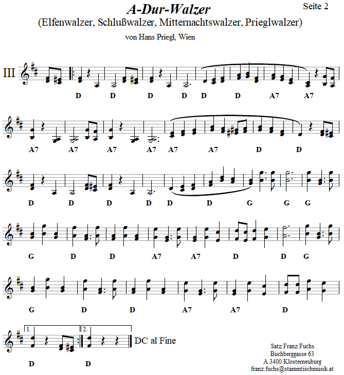 A-Dur-Walzer von Hans Priegl, Seite 2, in zweistimmigen Noten.| 
Bitte klicken, um die Melodie zu hren.