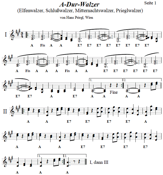 A-Dur-Walzer von Hans Priegl in zweistimmigen Noten, Seite 1.| 
Bitte klicken, um die Melodie zu hren.