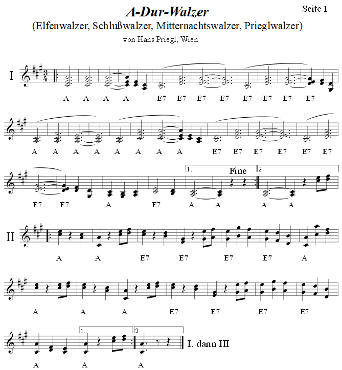 A-Dur-Walzer von Hans Priegl in zweistimmigen Noten, Seite 1.| 
Bitte klicken, um die Melodie zu hren.