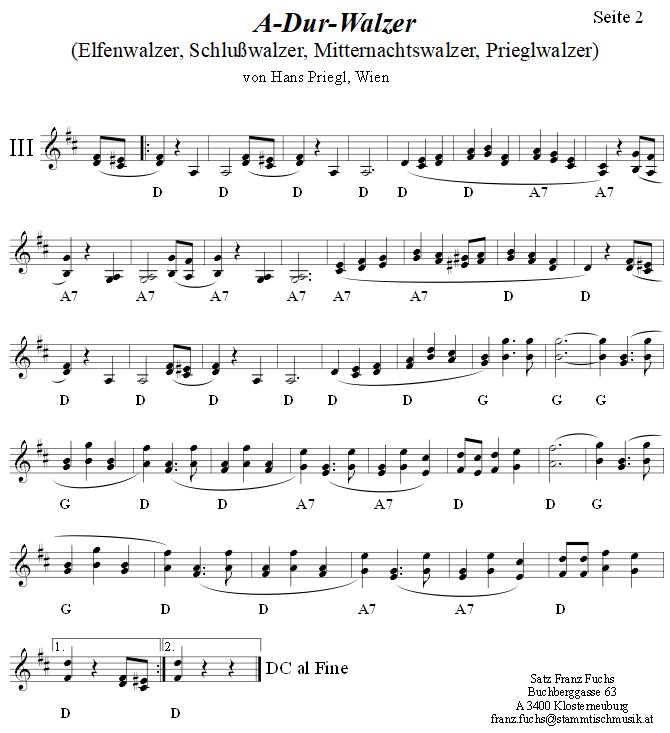 A-Dur-Walzer von Hans Priegl, Seite 2, in zweistimmigen Noten.| 
Bitte klicken, um die Melodie zu hren.