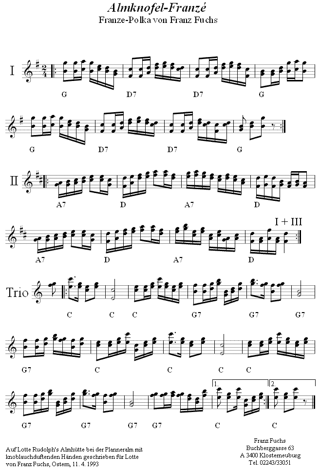 Almknofelfranzé von Franz Fuchs in zweistimmigen Noten. 
Bitte klicken, um die Melodie zu hören.
