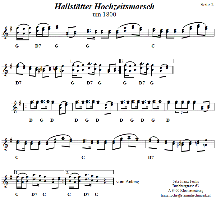 Hallsttter Hochzeitsmarsch 2 in zweistimmigen Noten. 
Bitte klicken, um die Melodie zu hren.