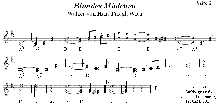 "Blondes Mädchen", Walzer von Hans Priegl aus Wien, zweistimmige Noten, Seite 2