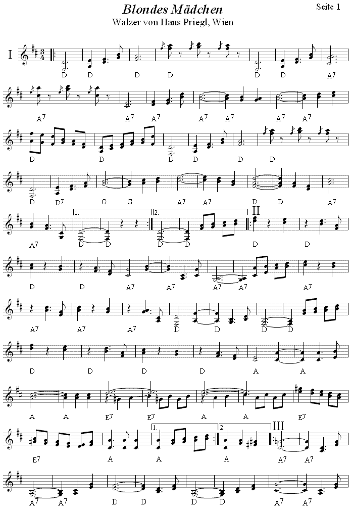 "Blondes Mädchen", Walzer von Hans Priegl aus Wien, zweistimmige Noten, Seite 1