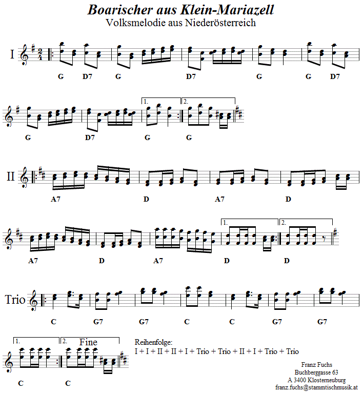 Boarischer aus Kleinmariazell in zweistimmigen Noten. 
Bitte klicken, um die Melodie zu hren.