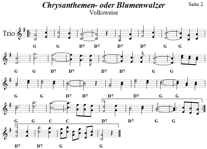 Chrysanthemenwalzer in zweistimmigen Noten, Seite 2. 
Bitte klicken, um die Melodie zu hören.