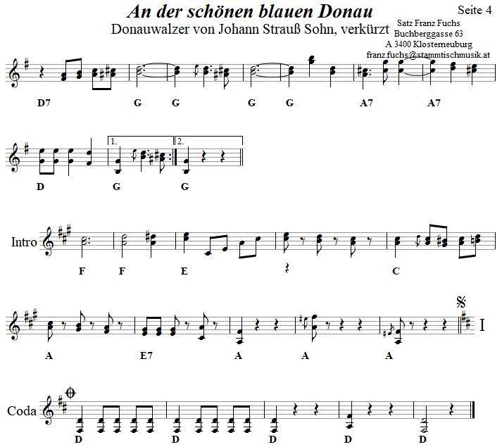 Donauwalzer von Johann Strauß, Seite 4 in zweistimmigen Noten. 
Bitte klicken, um die Melodie zu hören.