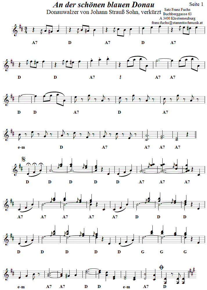 Donauwalzer von Johann Strauß, Seite 1 in zweistimmigen Noten. 
Bitte klicken, um die Melodie zu hören.