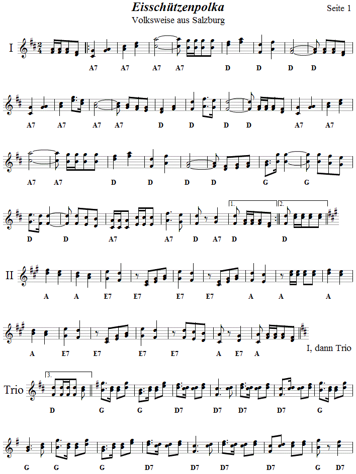 Eisschützenpolka, Seite 1 in zweistimmigen Noten.| 
Bitte klicken, um die Melodie zu hören.