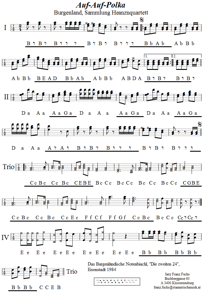 Auf-Auf-Polka in Griffschrift für Vierreihige Steirische Harmonika. 
Bitte klicken, um die Melodie zu hören.