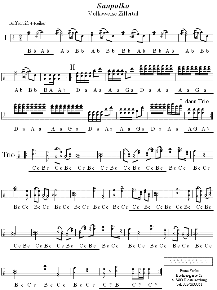 Saupolka in Griffschrift für Vierreihige Steirische Harmonika. 
Bitte klicken, um die Melodie zu hören.