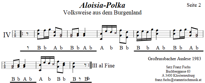 Aloisia-Polka, Seite 2, in Griffschrift für Steirische Harmonika. 
Bitte klicken, um die Melodie zu hören.