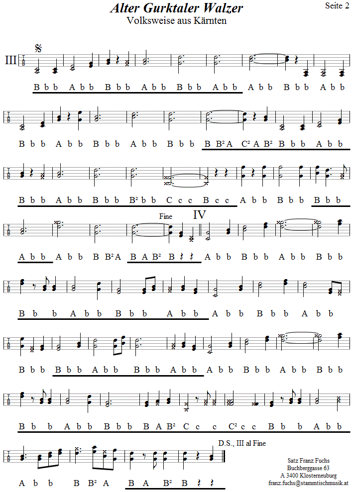 Alter Gurktaler Walzer, Seite 2, in Griffschrift für Steirische Harmonika. 
Bitte klicken, um die Melodie zu hören.