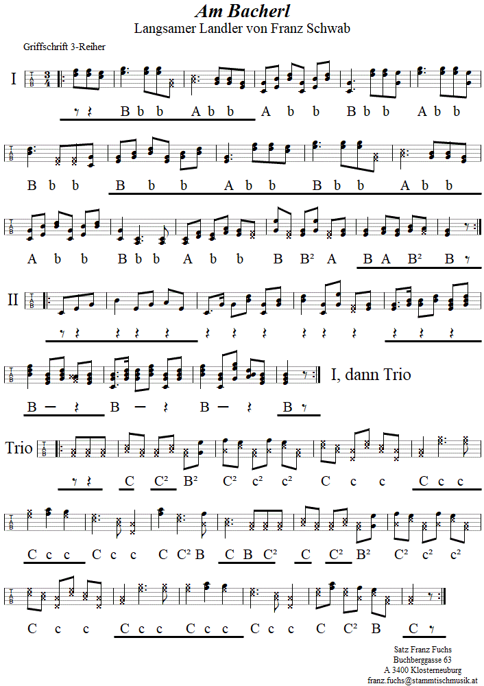 Am Bacherl, a staader Landler in Griffschrift fr Steirische Harmonika. 
Bitte klicken, um die Melodie zu hren.