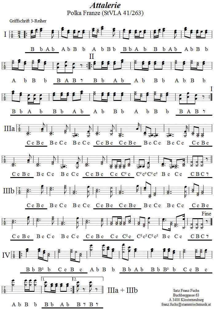Attalerie Polka Franze - in Griffschrift für Steirische Harmonika. 
Bitte klicken, um die Melodie zu hören.