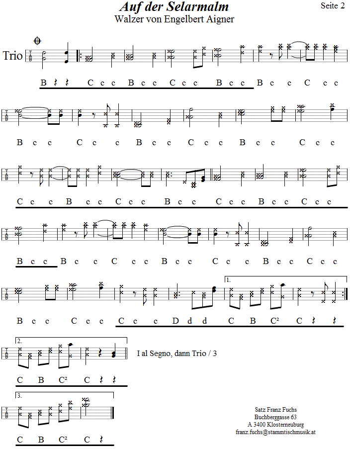 Auf der Selarmalm, Walzer, Seite 2 in Griffschrift fr Steirische Harmonika. 
Bitte klicken, um die Melodie zu hren.