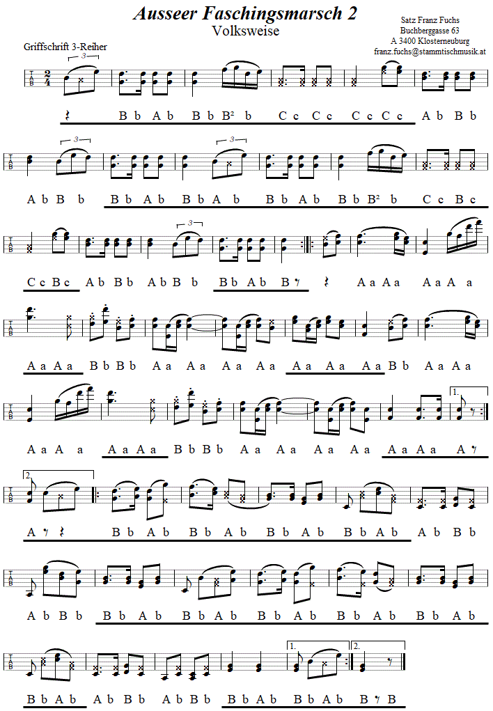 Ausseer Faschingsmarsch 2, in Griffschrift fr Steirische Harmonika. 
Bitte klicken, um die Melodie zu hren.