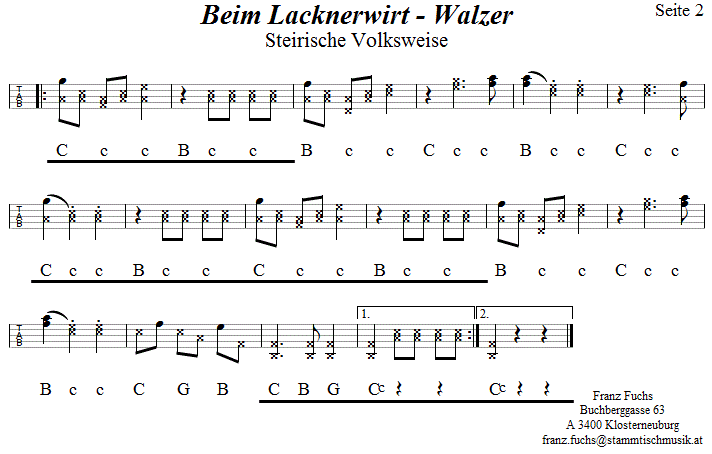 Beim Lacknerwirt, Walzer, Seite 2 in Griffschrift für Steirische Harmonika.| 
Bitte klicken, um die Melodie zu hören.