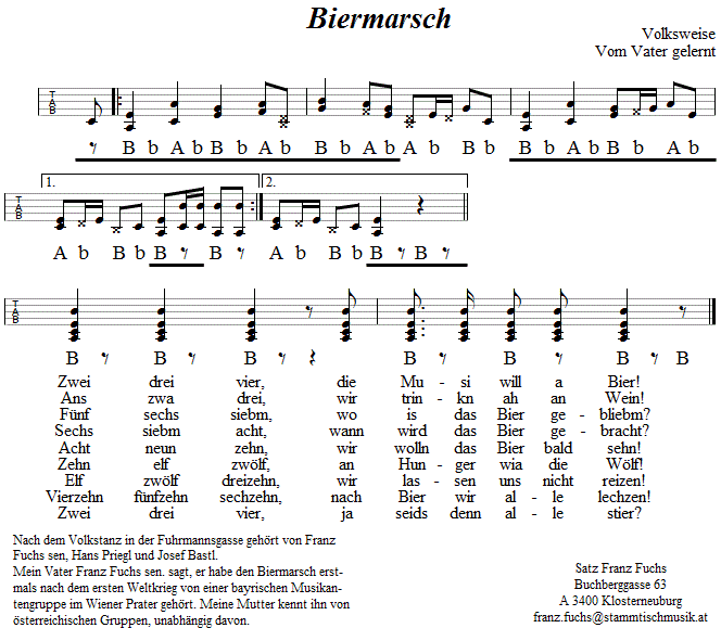 Biermarsch in Griffschrift für steirische Harmonika. 
Bitte klicken, um die Melodie zu hören.