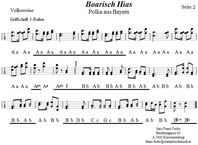Boarisch Hias Polka, Seite 2, in Griffschrift für Steirische Harmonika