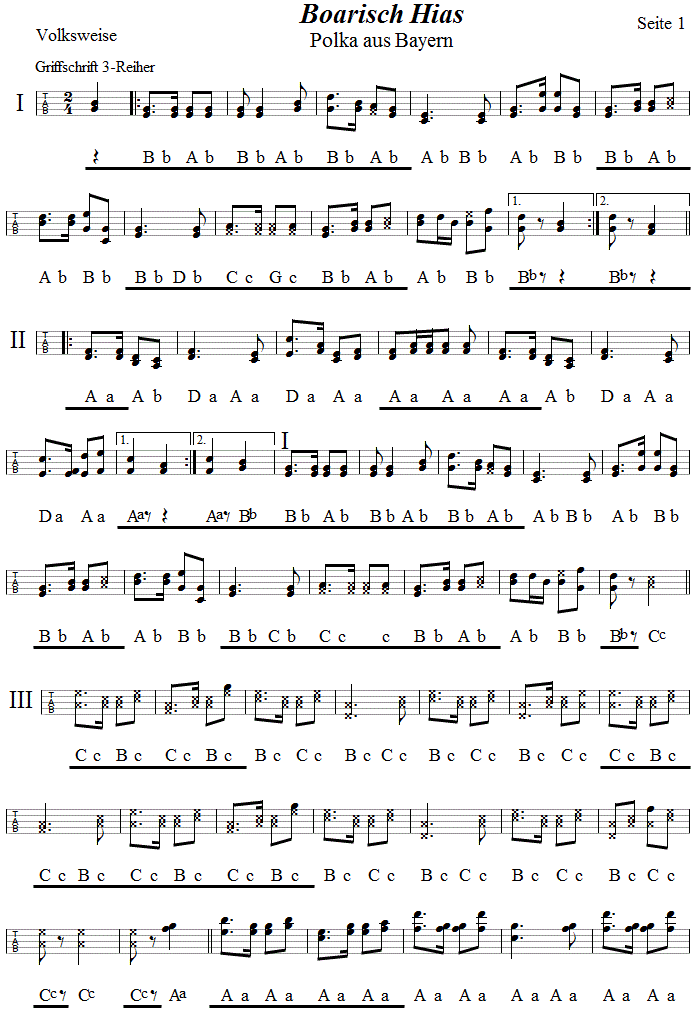 Boarisch Hias Polka, Seite 1, in Griffschrift für Steirische Harmonika