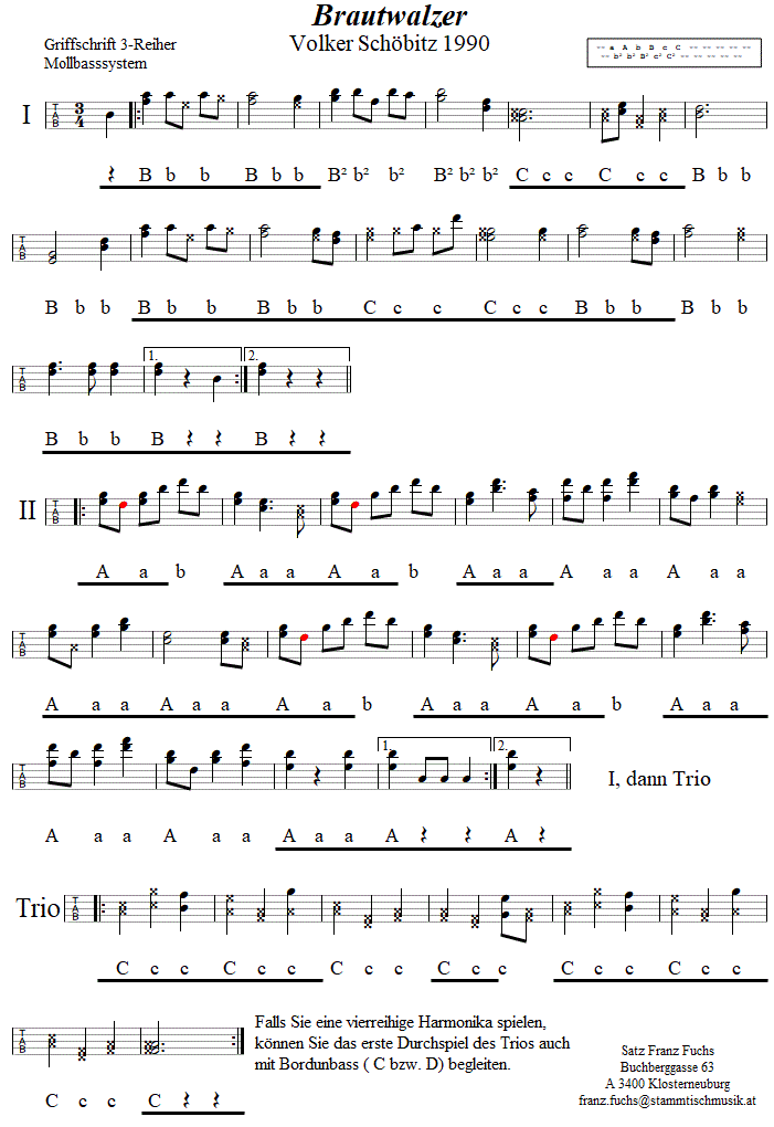 Brautwalzer von Volker Schbitz in Griffschrift fr steirische Harmonika. 
Bitte klicken, um die Melodie zu hren.