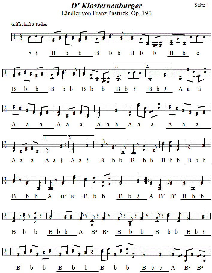 D' Klosterneuburger, Ländler von Franz Pastirzk, Seite 1, in Griffschrift für Steirische Harmonika. 
Bitte klicken, um die Melodie zu hören.
