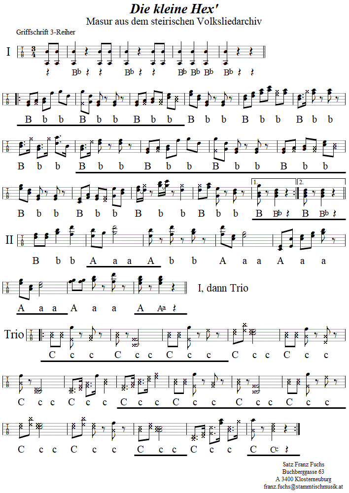 Die kleine Hex, Masur in Griffschrift für Steirische Harmonika. 
Bitte klicken, um die Melodie zu hören.