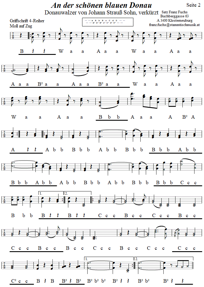 Donauwalzer von Johann Strauß, Seite 2 in Griffschrift für Steirische Harmonika. 
Bitte klicken, um die Melodie zu hören.