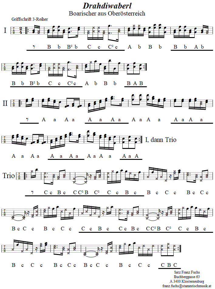 Drahdiwaberl, Boarischer in Griffschrift fr Steirische Harmonika. 
Bitte klicken, um die Melodie zu hren.