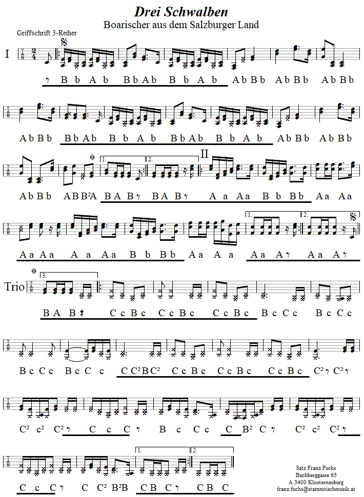 Drei Schwalben Boarisch in Griffschrift für Steirische Harmonika. 
Bitte klicken, um die Melodie zu hören.