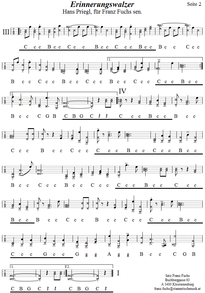 Einnerungswalzer von Hans Priegl aus Wien, Seite 2, in Griffschrift für Steirische Harmonika,  klicken Sie auf die Noten, hören sie die Melodie.