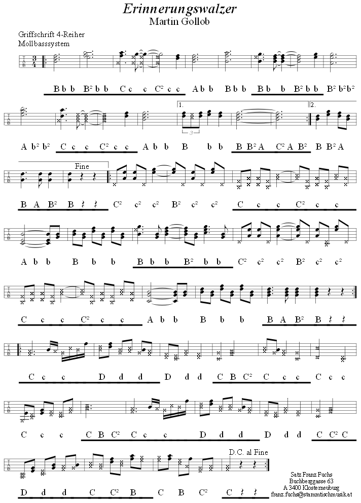 Erinnerungswalzer von Martin Gollob, in Griffschrift für Steirische Harmonika. Klicken Sie auf die Noten, hören sie die Melodie.