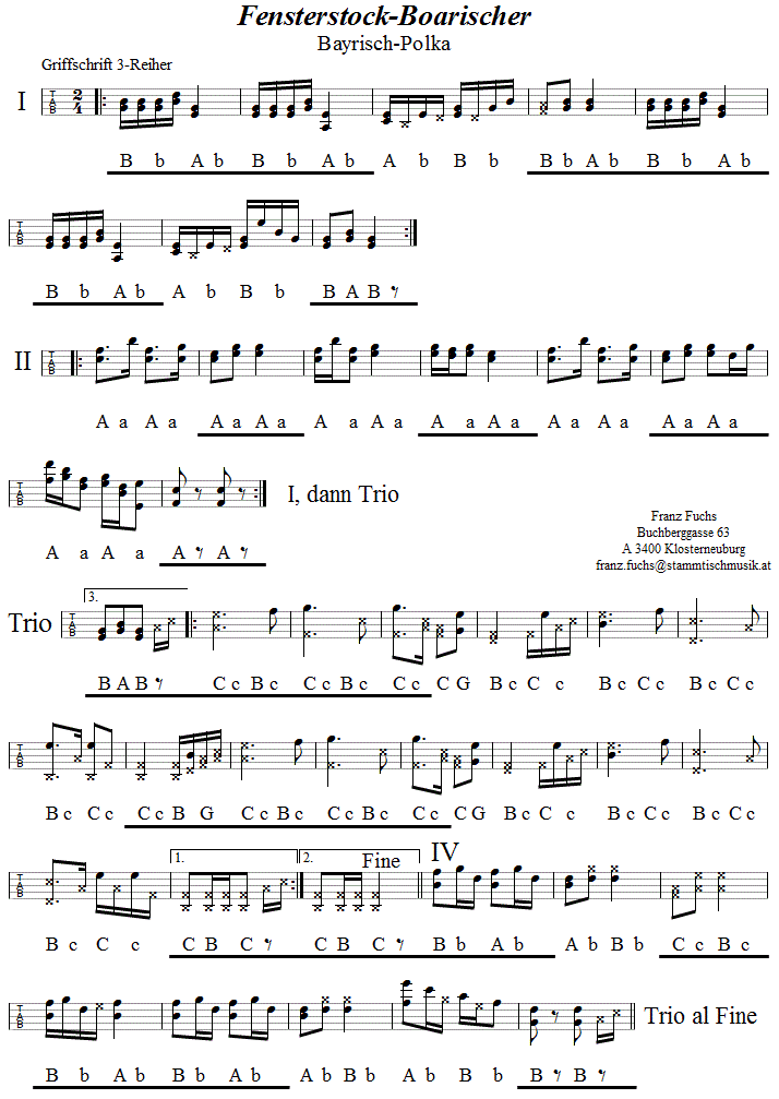 Fensterstockboarisch in Griffschrift für Steirische Harmonika. 
Bitte klicken, um die Melodie zu hören.