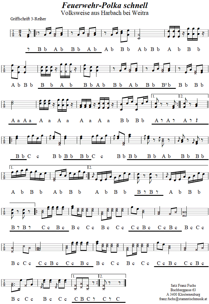 Feuerwehr-polka schnell, in Griffschrift fr Steirische Harmonika. 
Bitte klicken, um die Melodie zu hren.