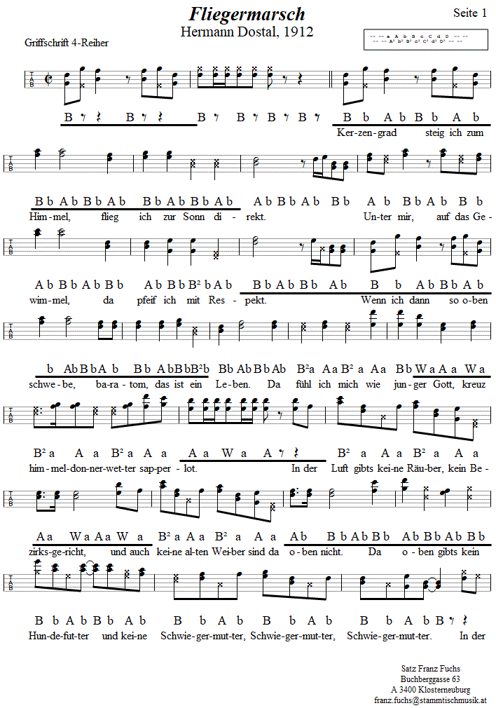 Fliegermarsch von Hermann Dostal, Seite 1,  in Griffschrift für Steirische Harmonika. 
Bitte klicken, um die Melodie zu hören.
