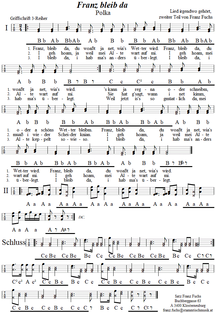 Franz bleib da Polka in Griffschrift fr Steirische Harmonika. 
Bitte klicken, um die Melodie zu hren.