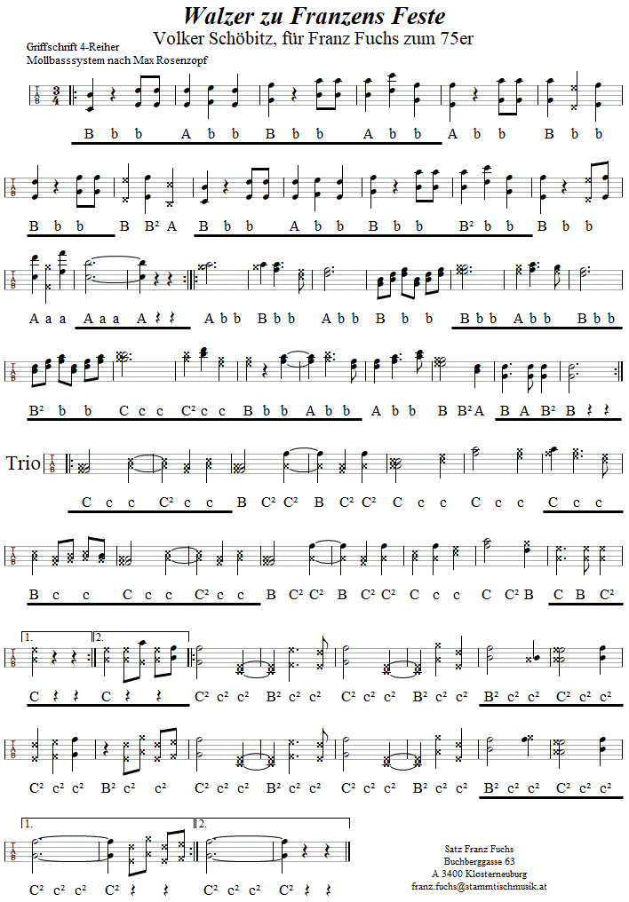 Walzer zu Franzens Feste von Volker Schbitz in Griffschrift fr Steirische Harmonika. 
Bitte klicken, um die Melodie zu hren.