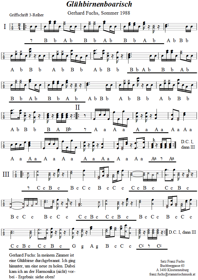 Glühbirnenboarisch von Gerhard Fuchs in Griffschrift für Steirische Harmonika. 
Bitte klicken, um die Melodie zu hören.