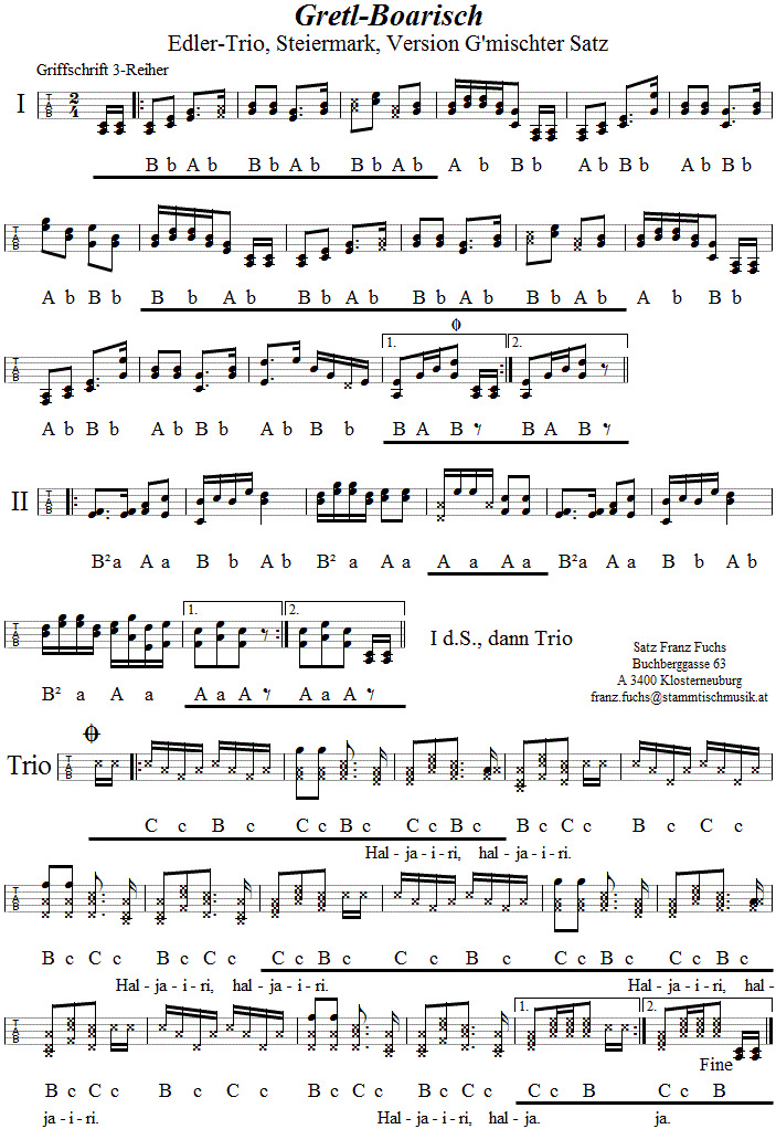 Gretlboarisch, neue Version in Griffschrift für steirische Harmonika. 
Bitte klicken, um die Melodie zu hören.