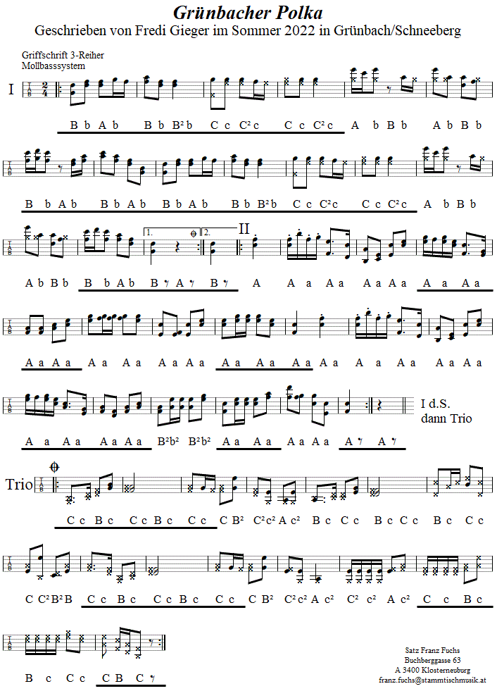 Grünbacher Polka von Fredi Gieger, in Griffschrift für Steirische Harmonika. 
Bitte klicken, um die Melodie zu hören.
