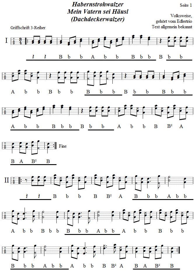 Habernstrohwalzer in Griffschrift fr Steirische Harmonika, Seite 1. 
Bitte klicken, um die Melodie zu hren.