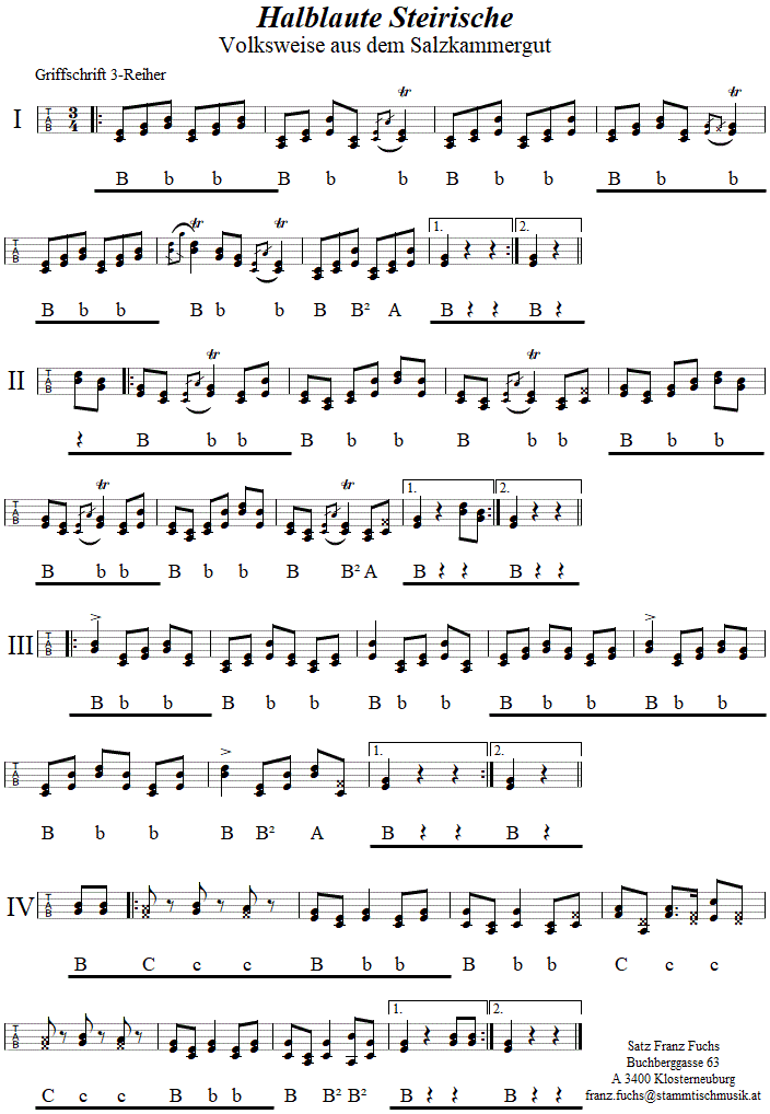 Halblaute Steirische in Griffschrift fr Steirische Harmonika. 
Bitte klicken, um die Melodie zu hren.