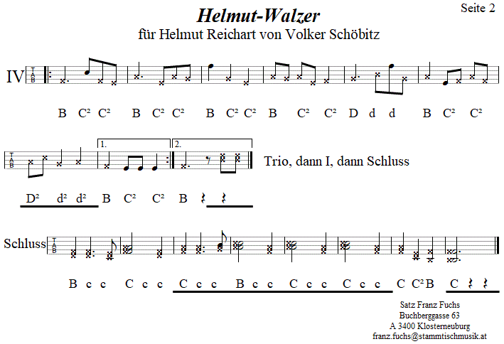 Helmut-Walzer von Volker Schöbitz, Seite 2, in Griffschrift für Steirische Harmonika. 
Bitte klicken, um die Melodie zu hören.