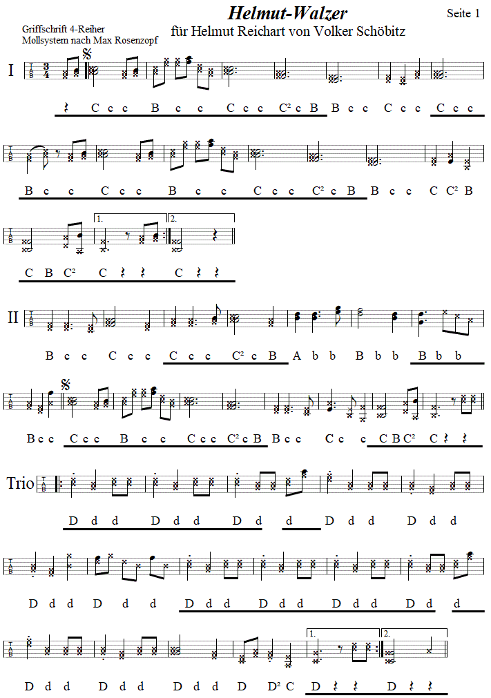 Helmut-Walzer von Volker Schbitz, Seite 1,  in Griffschrift fr Steirische Harmonika. 
Bitte klicken, um die Melodie zu hren.