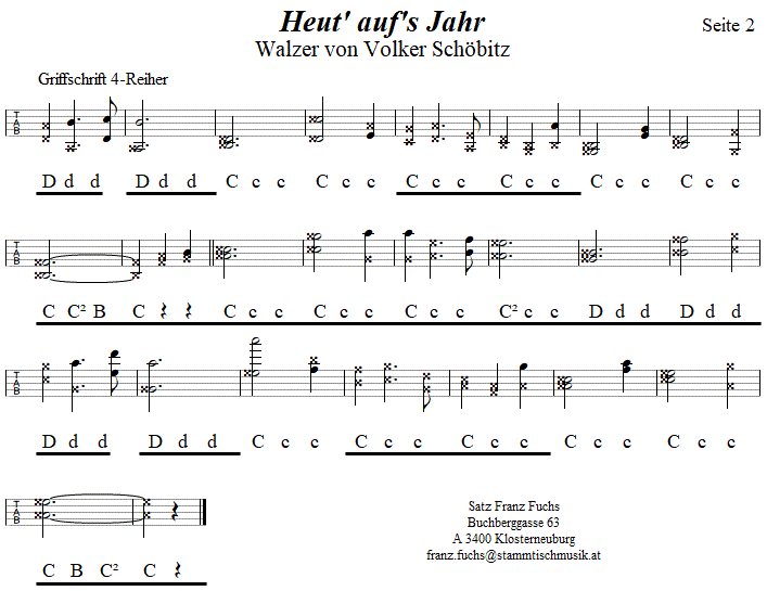 Heut' auf's Jahr, Walzer von Volker Schbitz, Seite 2  in Griffschrift fr Steirische Harmonika. 
Bitte klicken, um die Melodie zu hren.