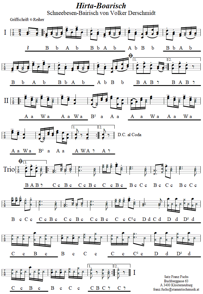 Hirta-Boarisch (Schneebesen-Bairisch) in Griffschrift für Steirische Harmonika. 
Bitte klicken, um die Melodie zu hören.