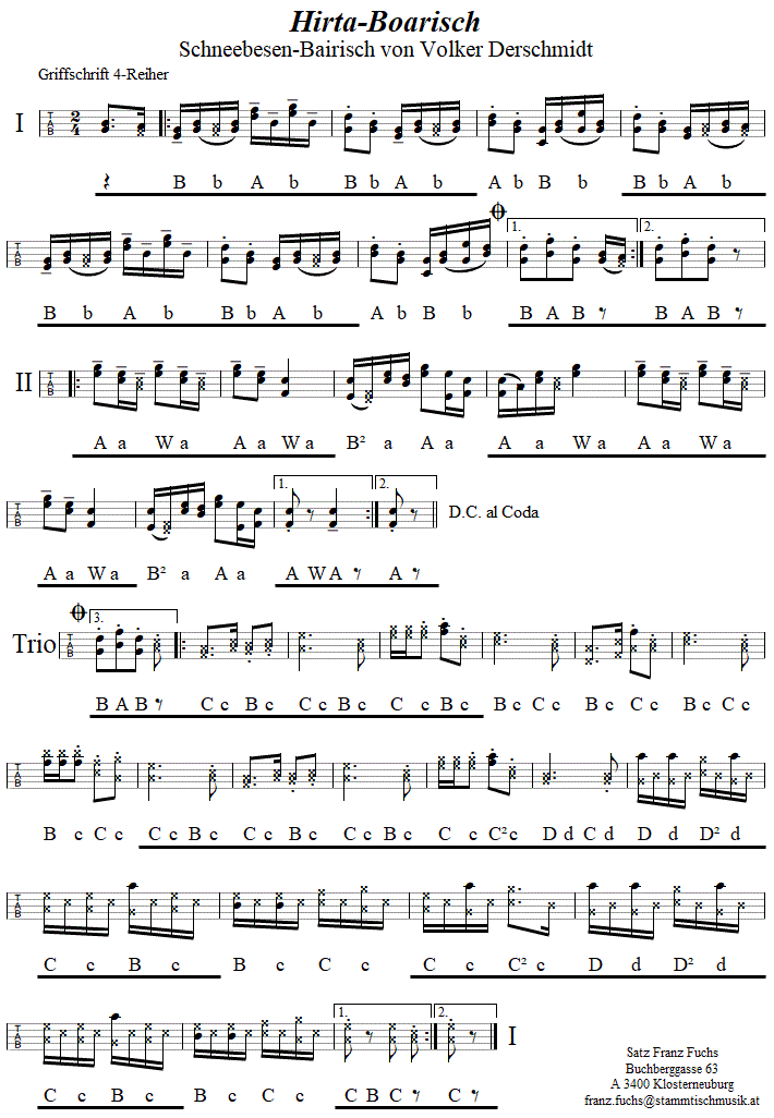 Hirta-Boarisch (Schneebesen-Bairisch) in Griffschrift fr Steirische Harmonika. 
Bitte klicken, um die Melodie zu hren.