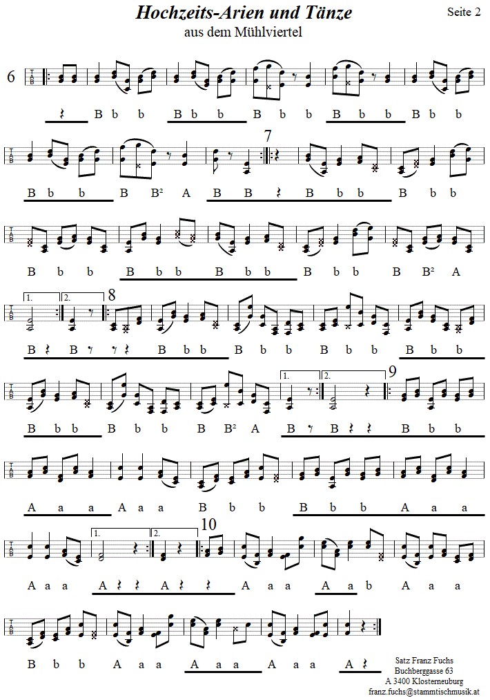 Hochzeitsarien und Tnze aus dem Mhlviertel, Seite 2, in Griffschrift fr Steirische Harmonika. 
Bitte klicken, um die Melodie zu hren.